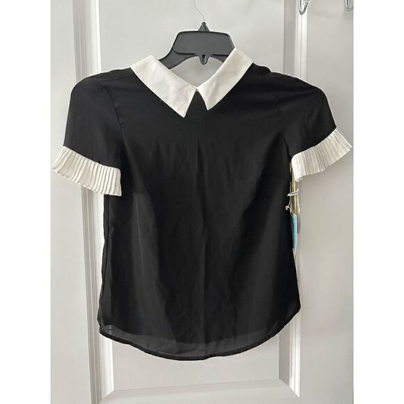 CECE Women's Short Sleeve Color Blocked Collared Blouse Black and White - Picture 3 of 12